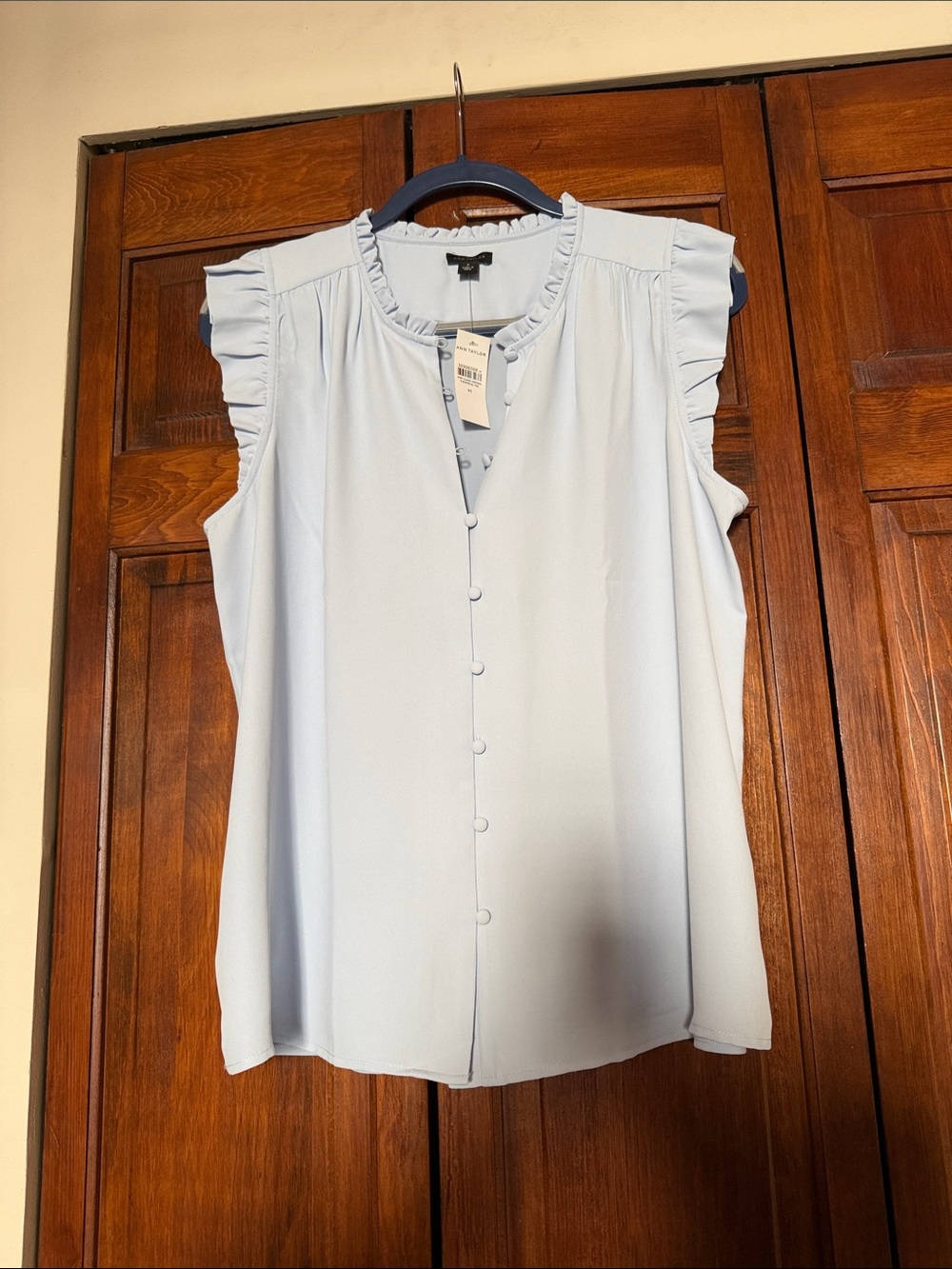 Ann Taylor Light Blue Ruffle Cap-Sleeve Blouse
